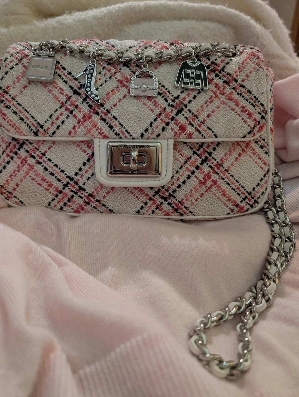 Karl Lagerfeld Pink Tweed  two Way Chain Shoulder Bag with Charms